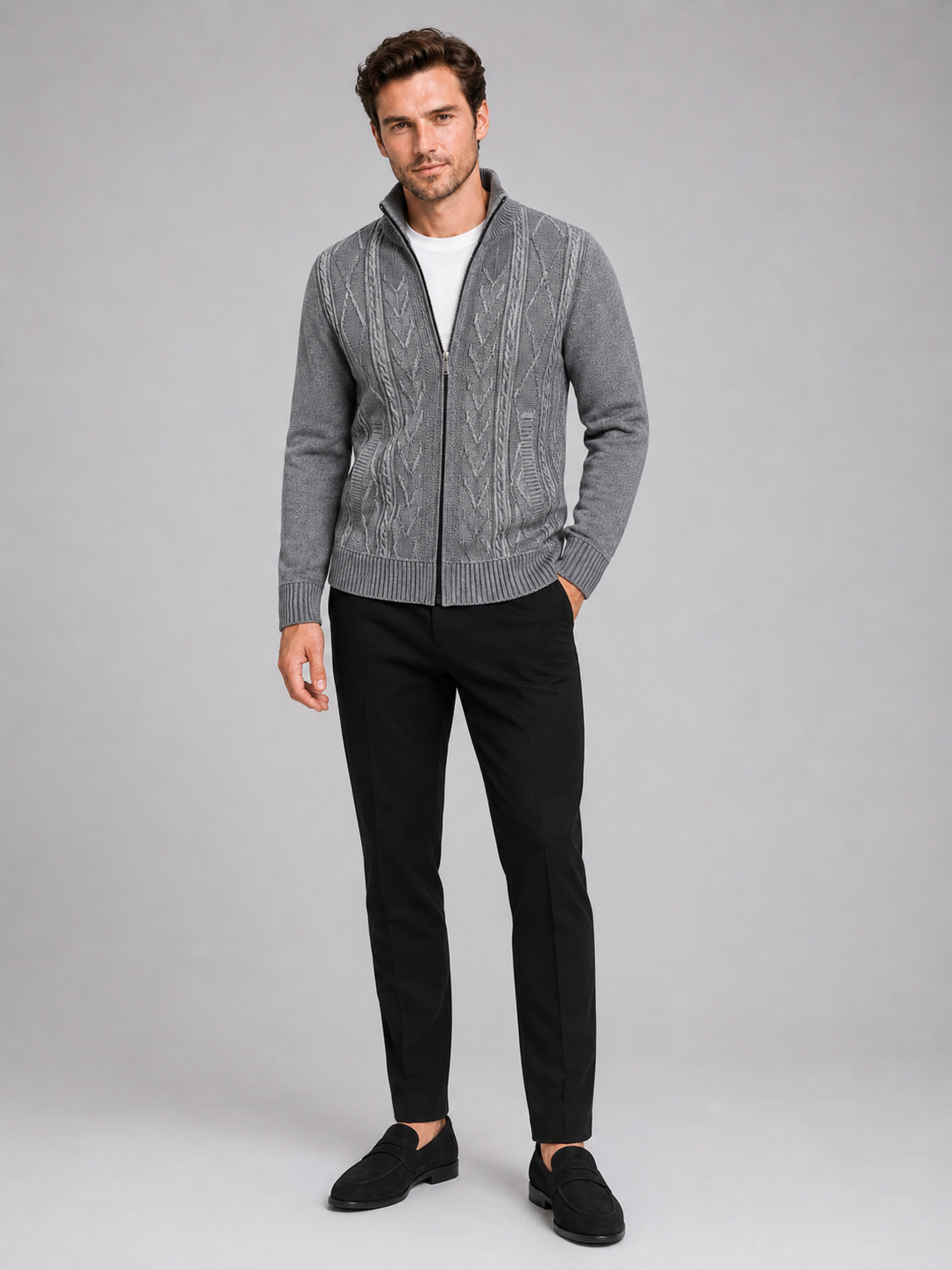 Gray stand collar zip sweater for men warm knit layer for everyday winter wear