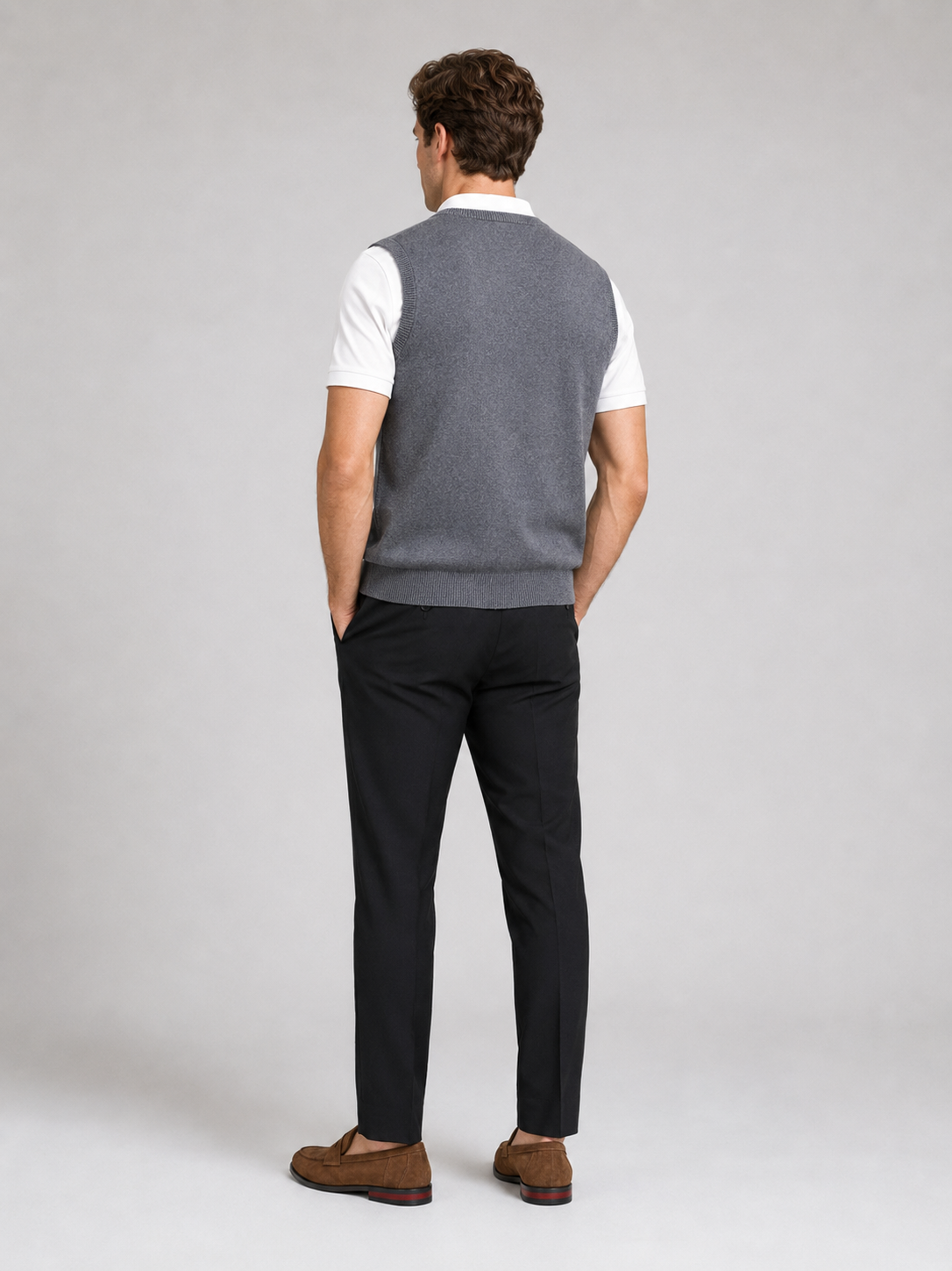 Men’s gray v neck sweater vest comfortable knit layer for business casual outfits