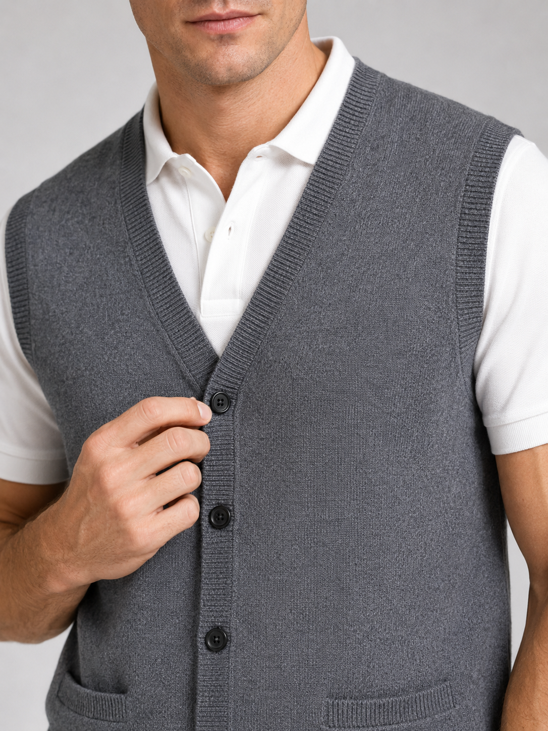 Close up of gray button up sweater vest showing soft knit texture and classic v neck detail