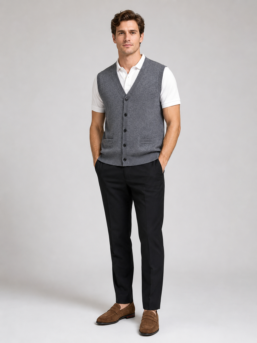 Gray knit sweater vest for men button up fall winter layer for office and everyday wear