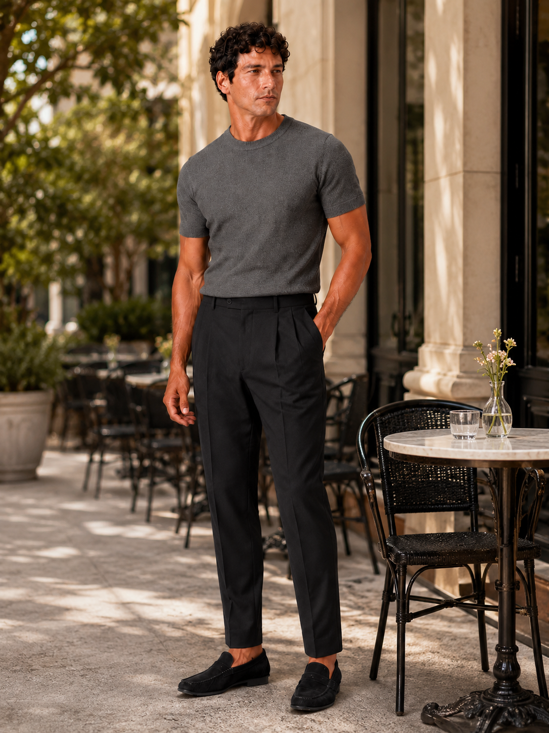Man styling gray knit t shirt in a relaxed summer lounge lifestyle outfit
