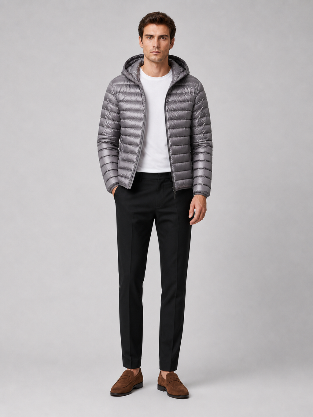 Gray lightweight hooded down puffer jacket for men warm fall winter coat for travel and everyday wear