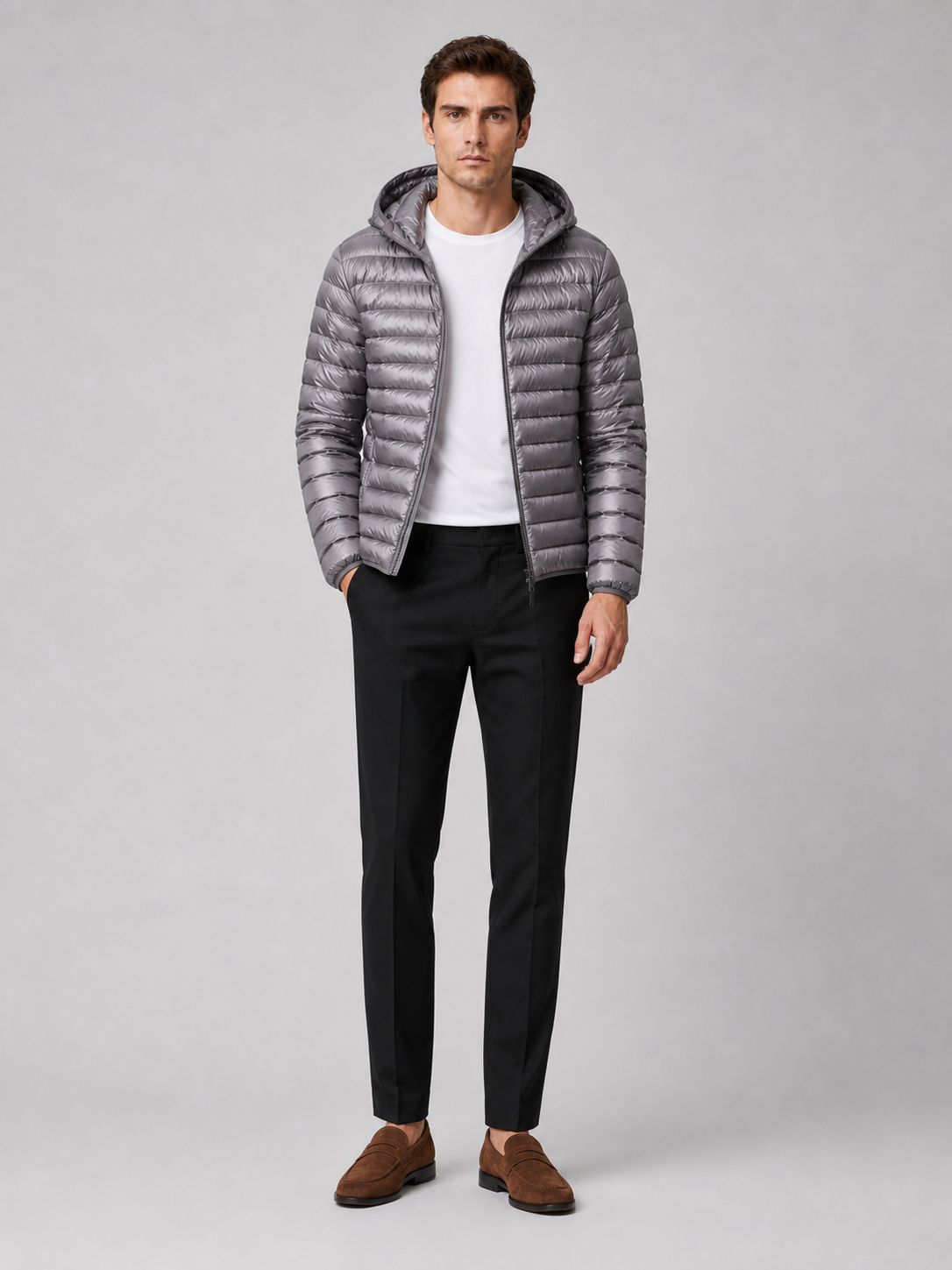 Gray lightweight hooded down puffer jacket for men warm fall winter coat for travel and everyday wear