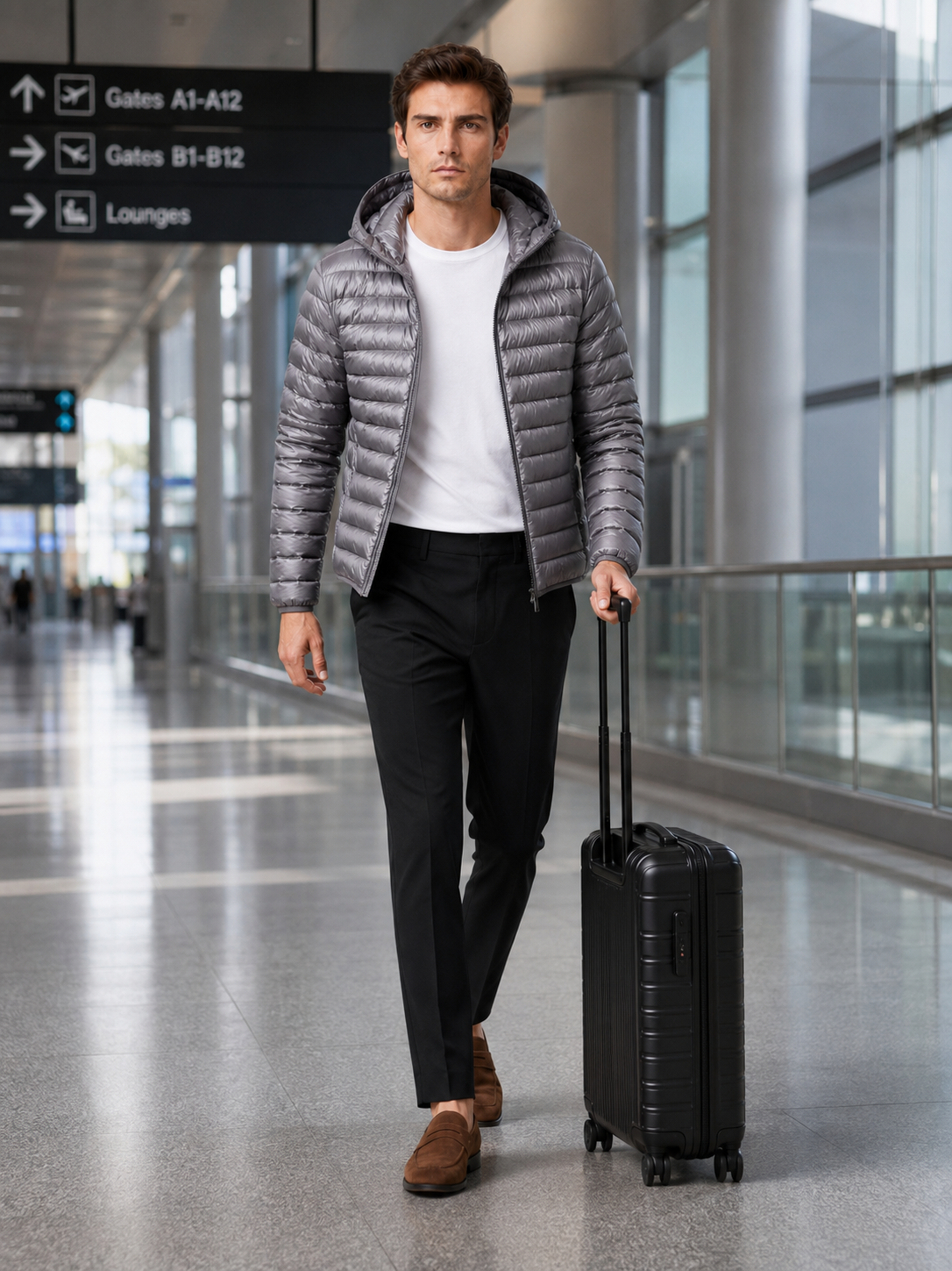 Man styling gray hooded down puffer jacket in a clean travel and everyday winter lifestyle outfit