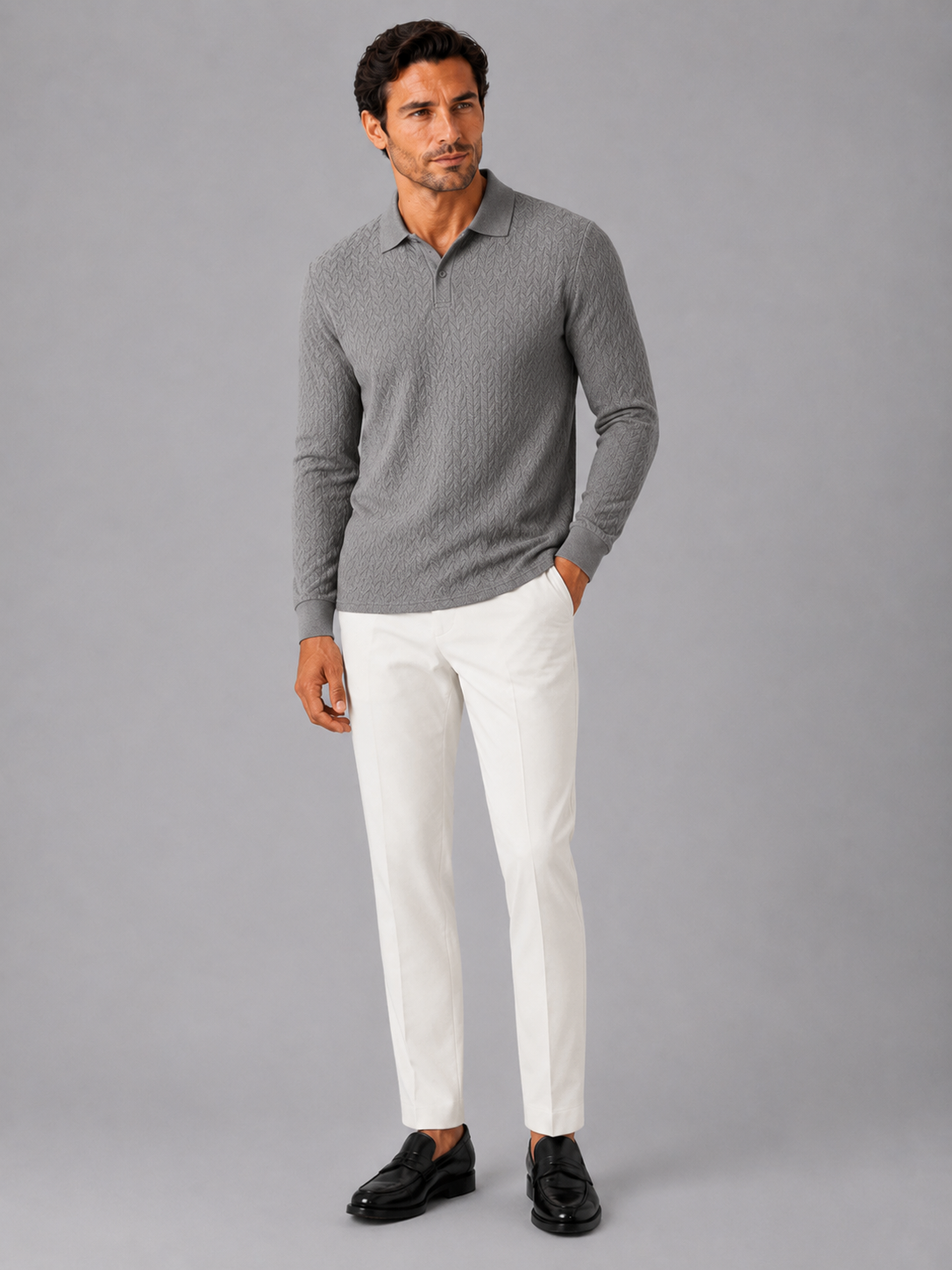 Gray long sleeve polo shirt for men comfortable knit top for office and vacation outfits