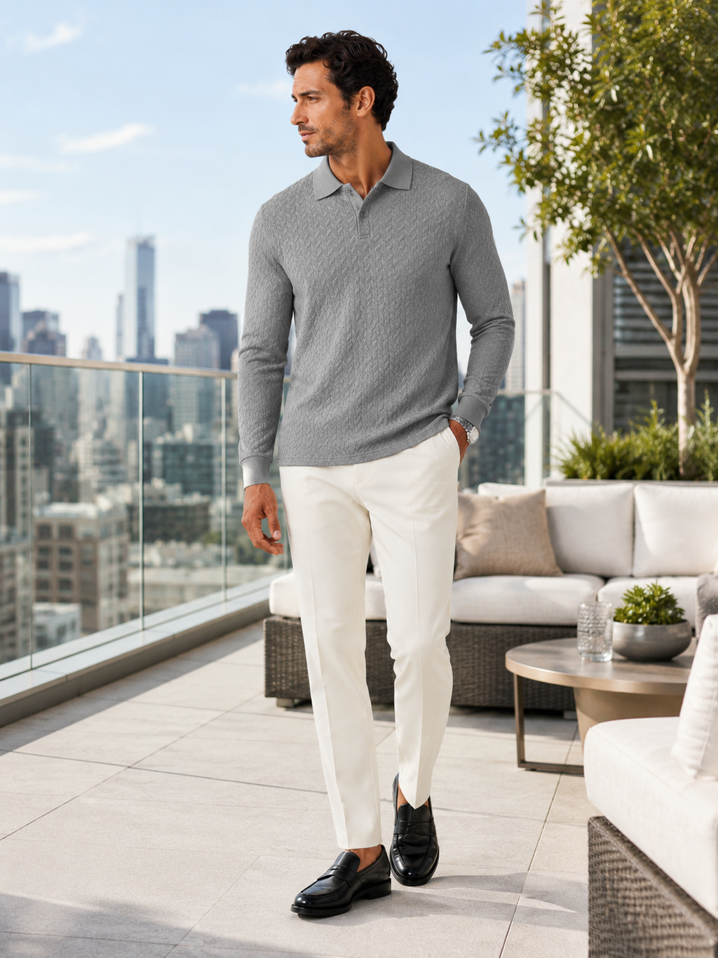 Man styling gray long sleeve polo shirt in a clean office and vacation lifestyle outfit