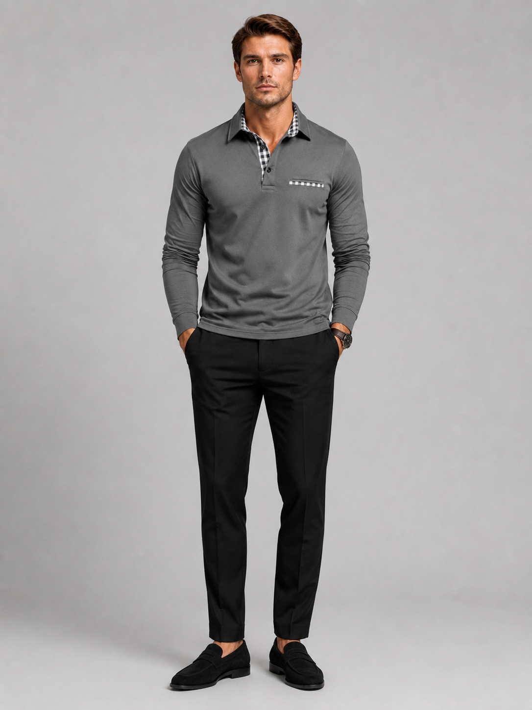 Gray long sleeve polo shirt for men plaid panel casual top for everyday and office wear