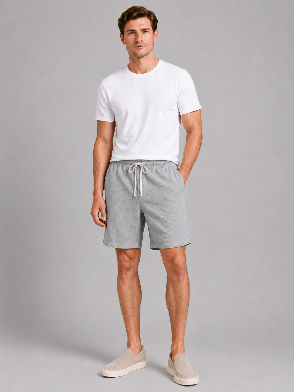 Men wearing gray drawstring shorts waffle texture loose fit knee length summer casual style 