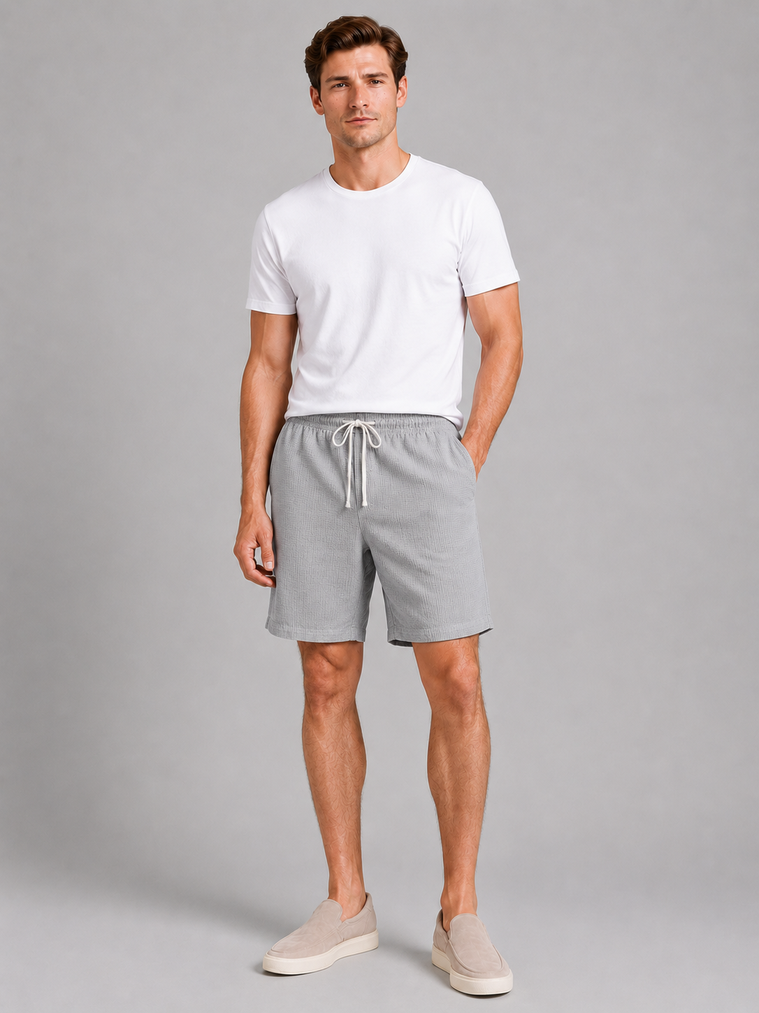 Men wearing gray drawstring shorts waffle texture loose fit knee length summer casual style 