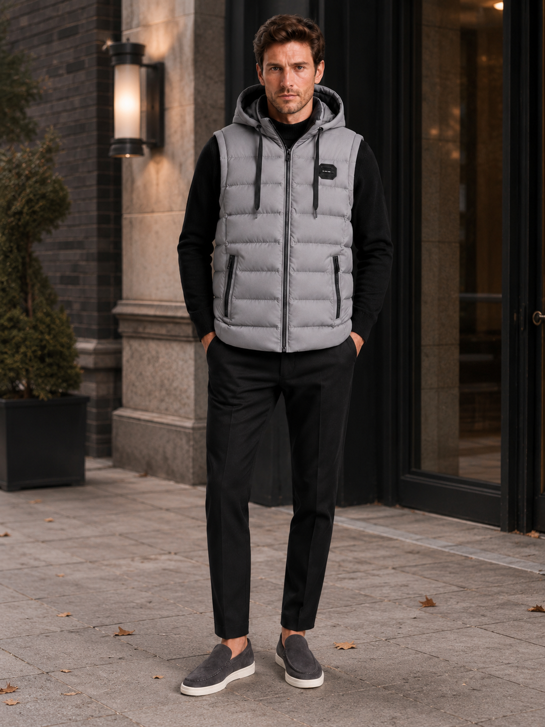 Man wearing a gray hooded puffer vest in a casual fall winter outfit for outdoor and everyday wear