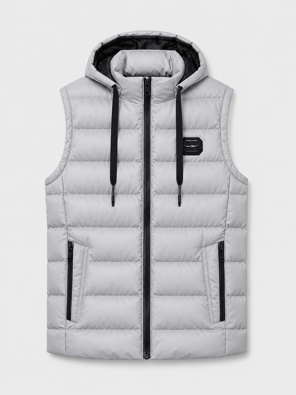 Gray men’s hooded cotton padded puffer vest with a thick warm design displayed on a plain background