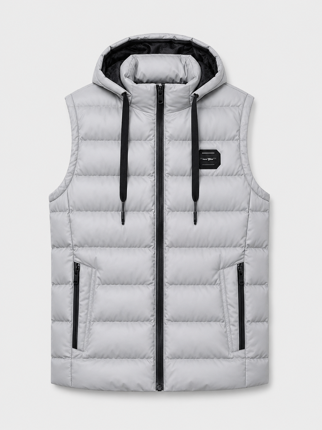 Gray men’s hooded cotton padded puffer vest with a thick warm design displayed on a plain background