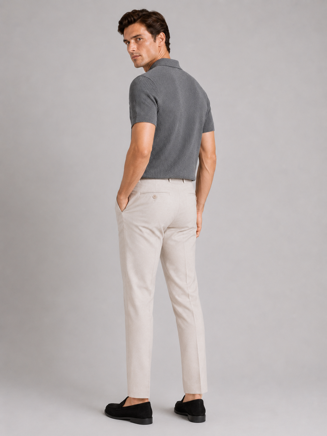 Men’s gray breathable knit polo comfortable summer top for vacation and business casual outfits