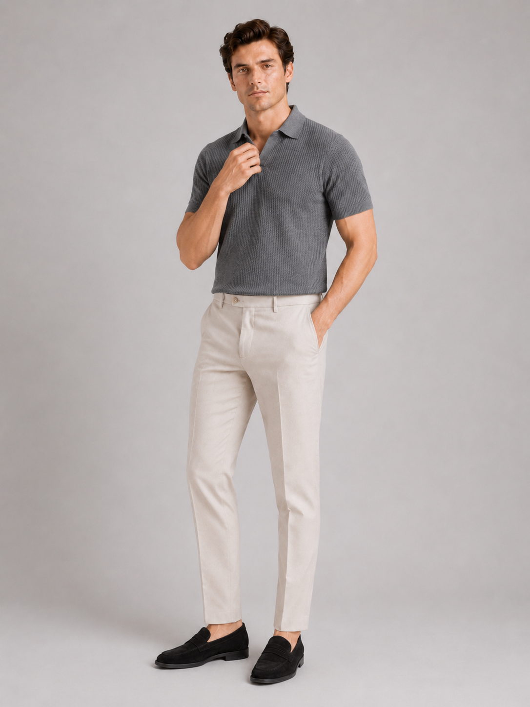 Gray slim fit knit polo shirt for men wrinkle resistant short sleeve summer wear