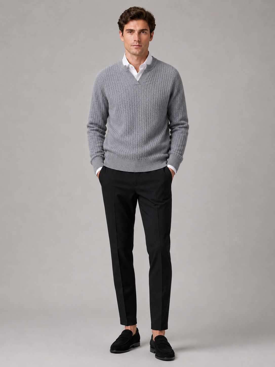 Men’s Merino Wool Open Collar Sweater Warm Fall Winter Knit Top for Business Casual and Everyday Wear