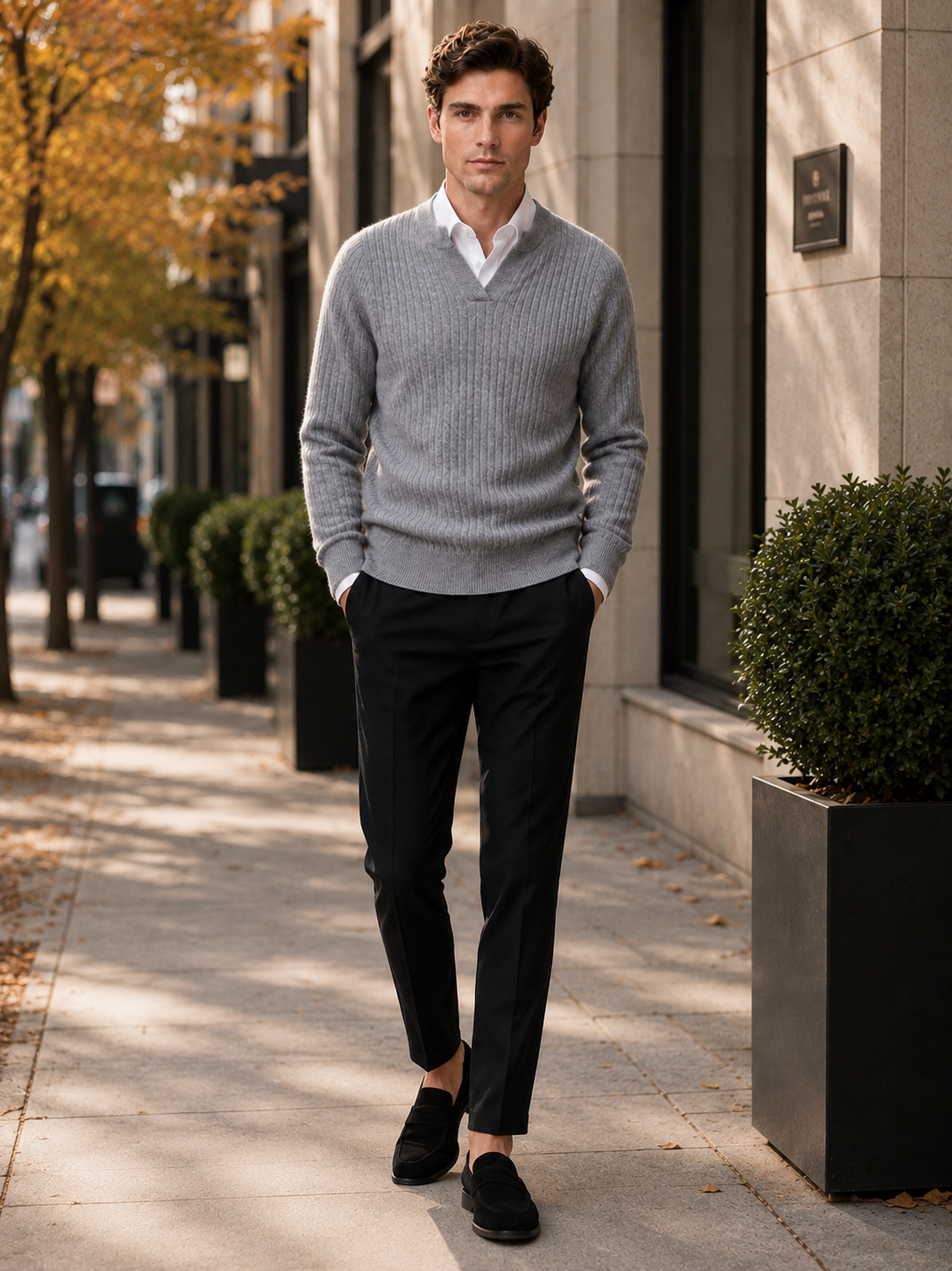 Men’s Merino Wool Open Collar Sweater Warm Fall Winter Knit Top for Business Casual and Everyday Wear