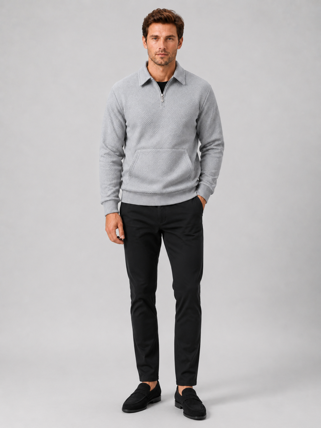 Gray quarter zip sweater for men long sleeve pullover for outdoor and everyday wear