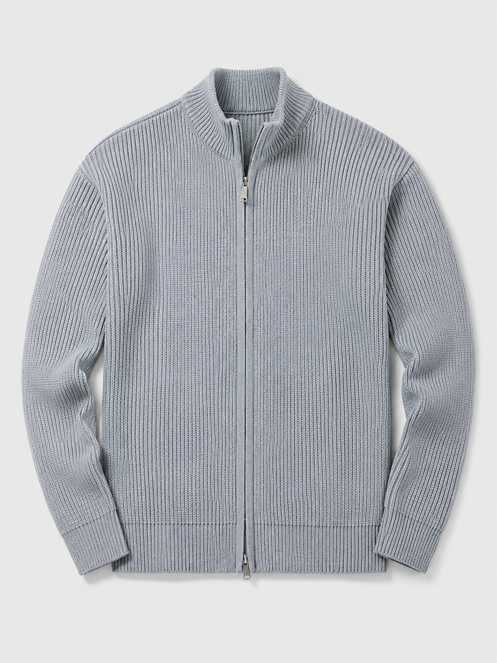 Gray men’s ribbed knit full zip cardigan sweater with a stand collar and slim fit displayed on a plain background