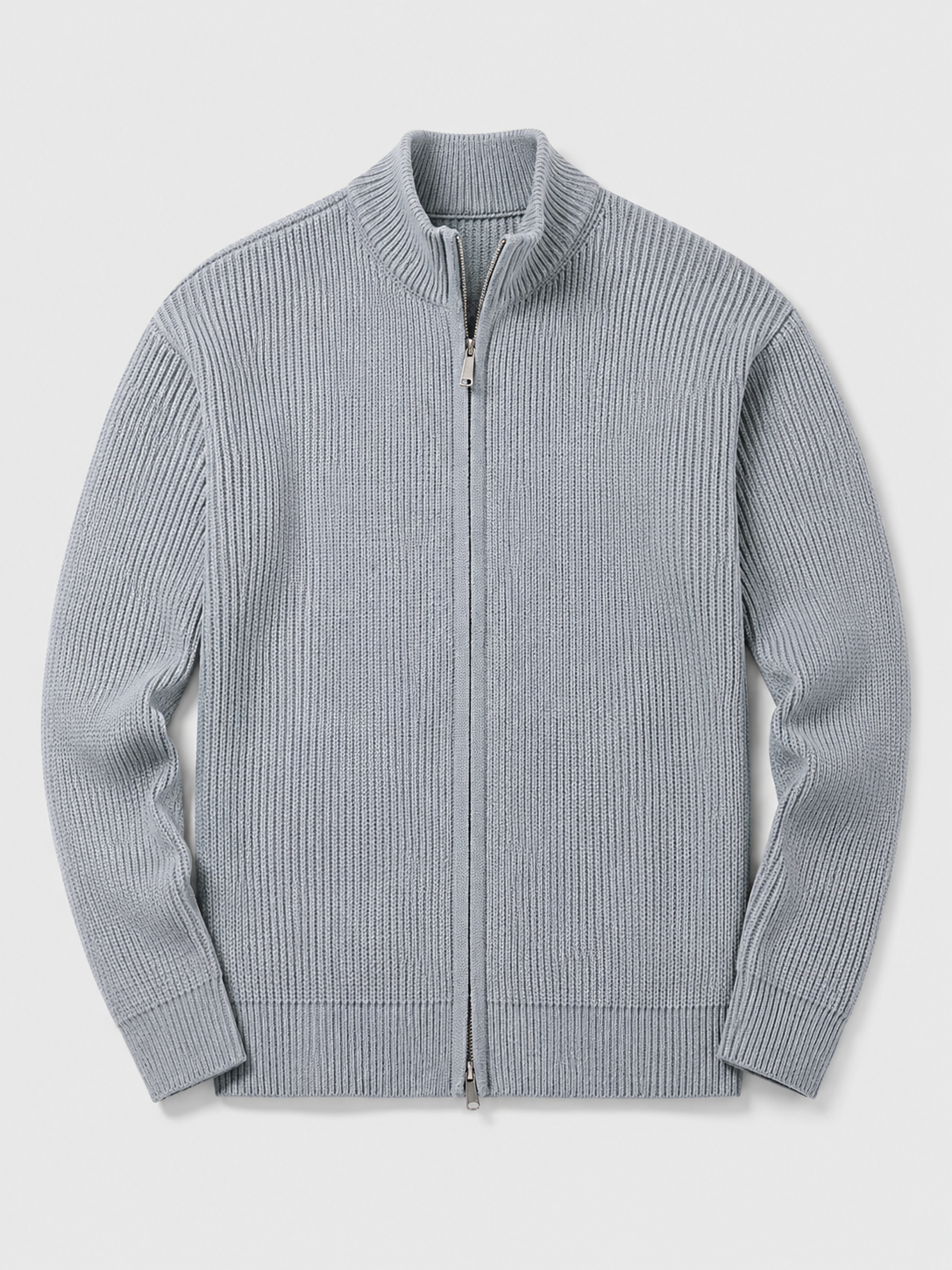 Gray men’s ribbed knit full zip cardigan sweater with a stand collar and slim fit displayed on a plain background