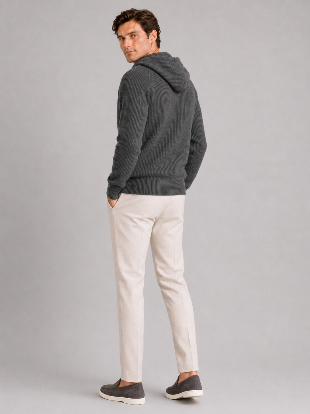 Men’s gray thick knit hoodie cardigan warm merino wool sweater for casual outfits