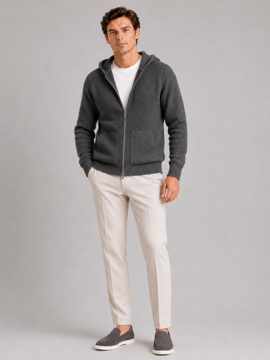 Gray merino wool zip cardigan for men warm long sleeve sweater for everyday winter wear