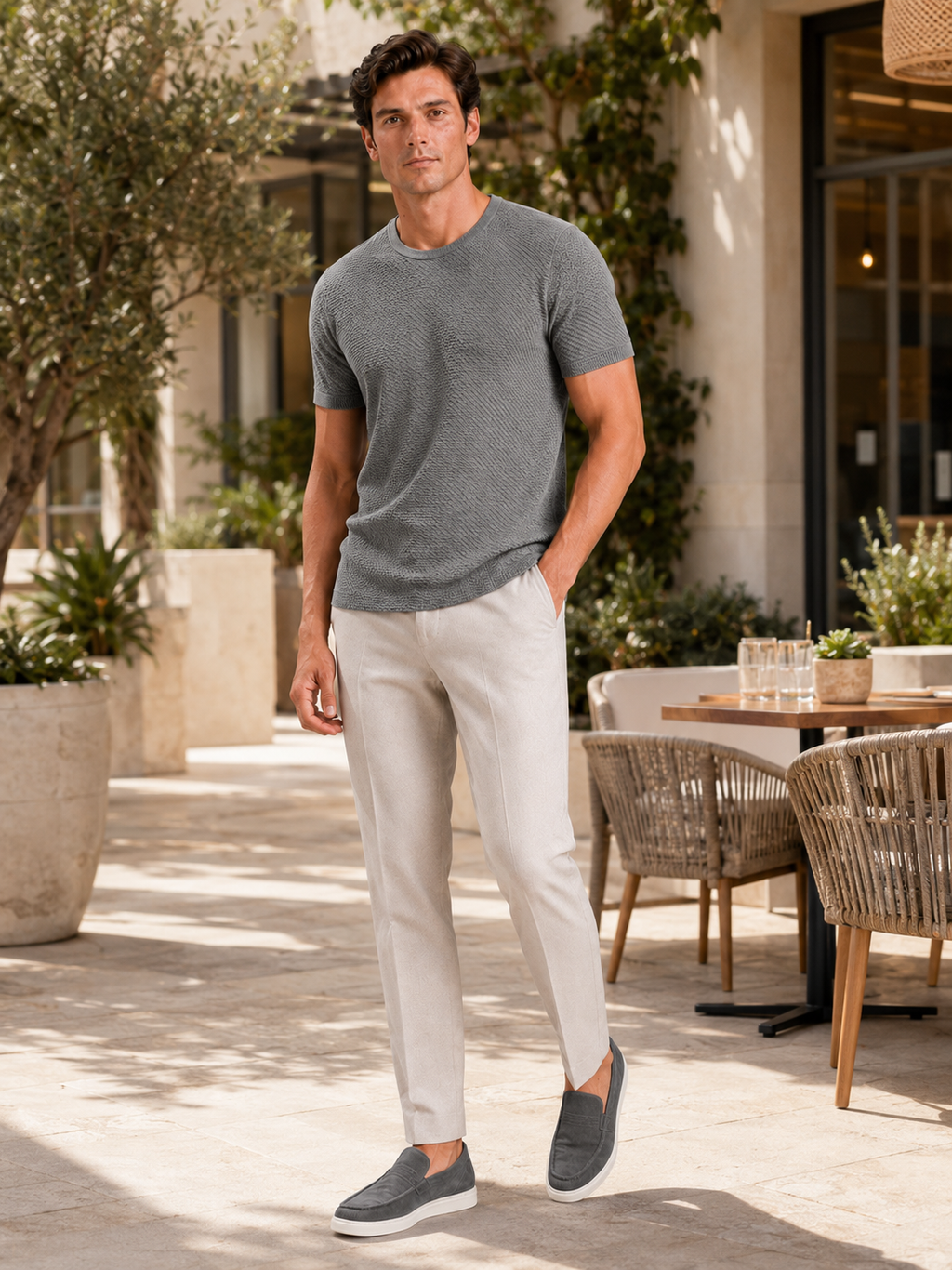 Man styling gray mesh crew neck t shirt in a clean summer everyday lifestyle outfit