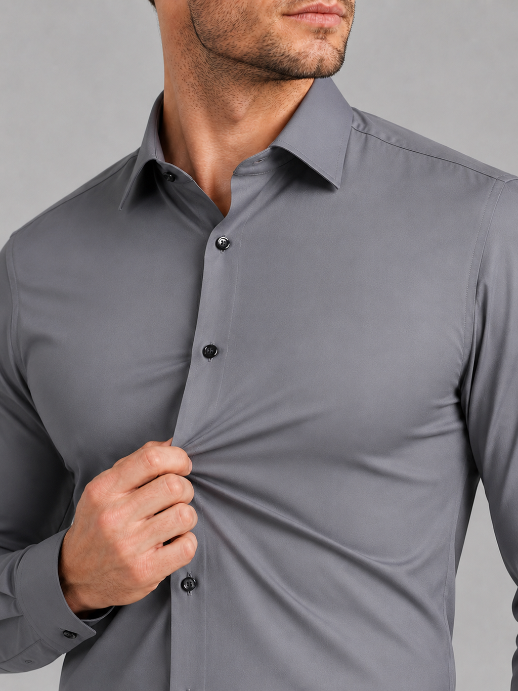 Close up of gray dress shirt showing wrinkle resistant stretch fabric and crisp collar detail