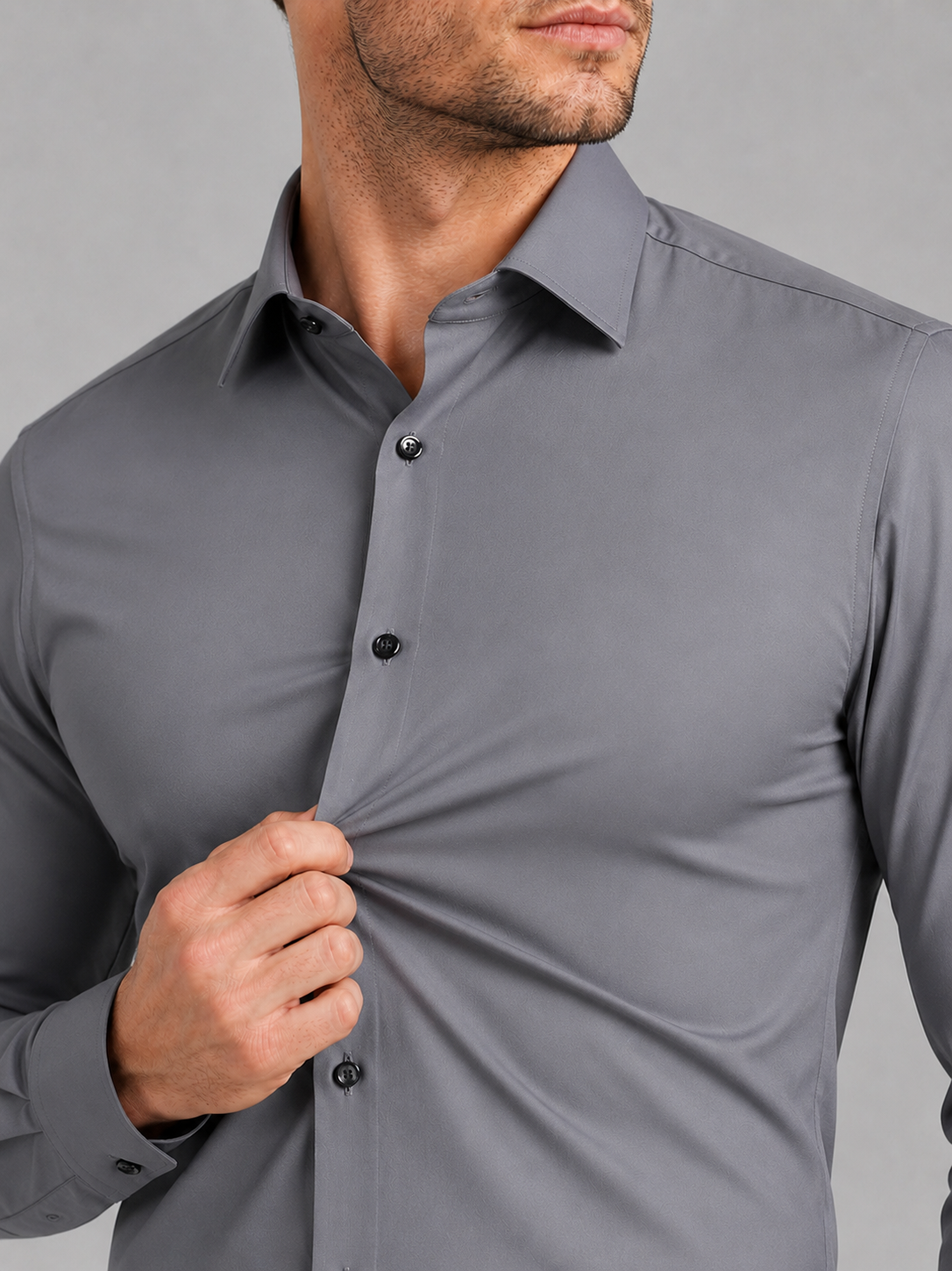 Close up of gray dress shirt showing wrinkle resistant stretch fabric and crisp collar detail