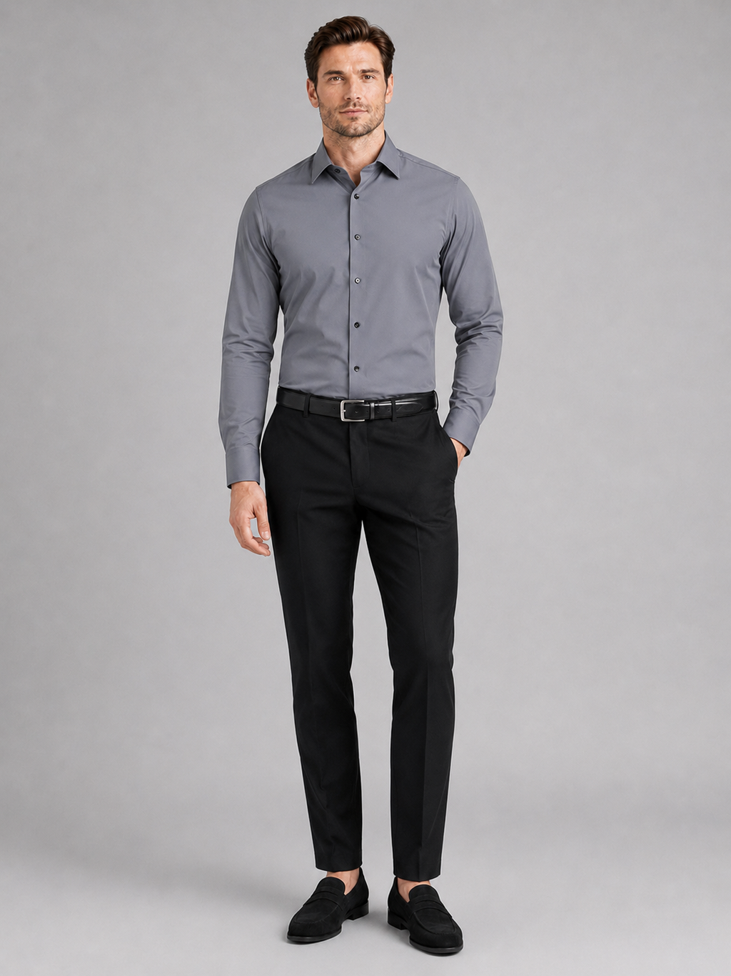 Gray button down dress shirt for men long sleeve office shirt for business casual wear