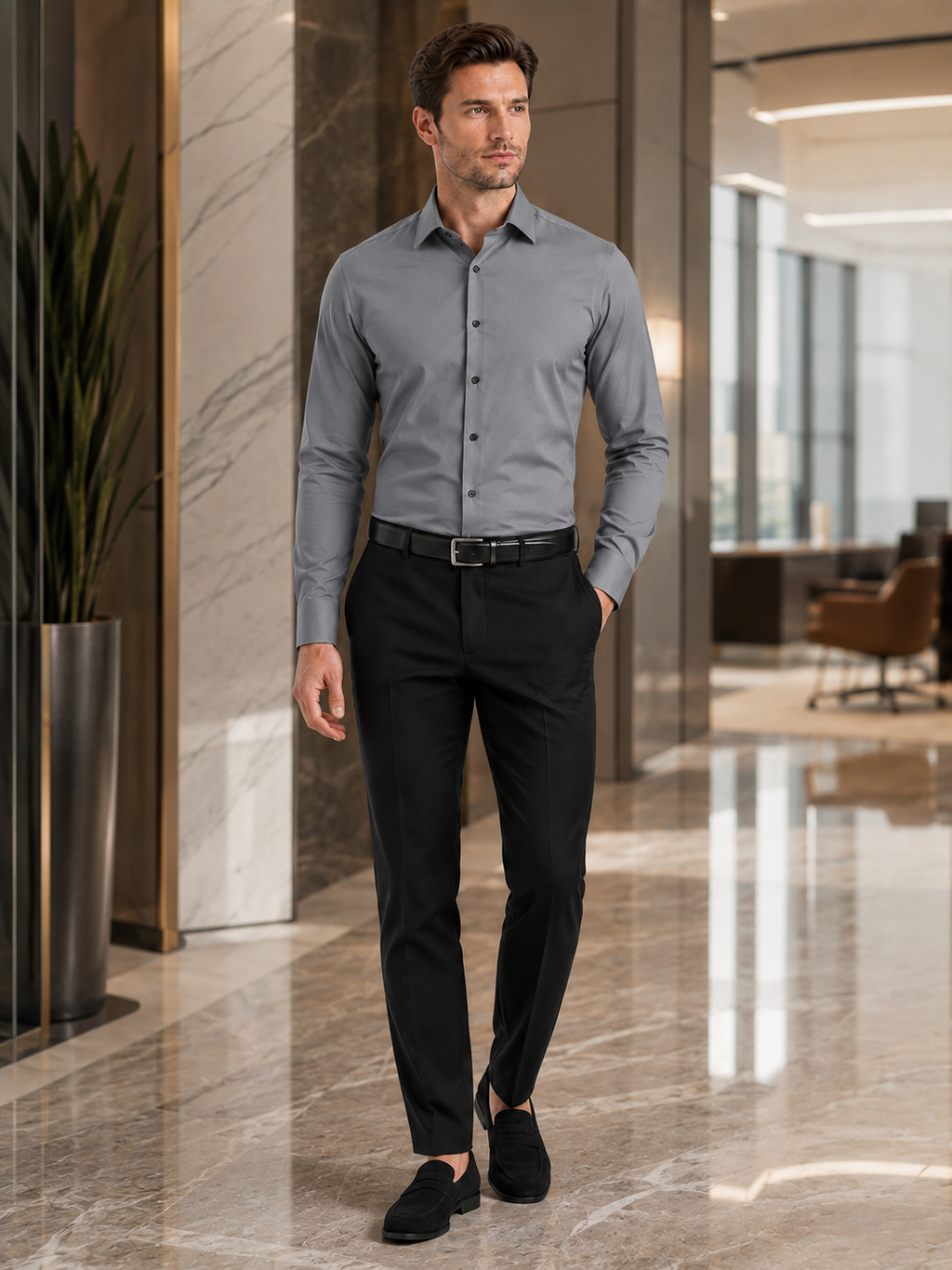 Man styling gray button down dress shirt in a refined business casual office outfit