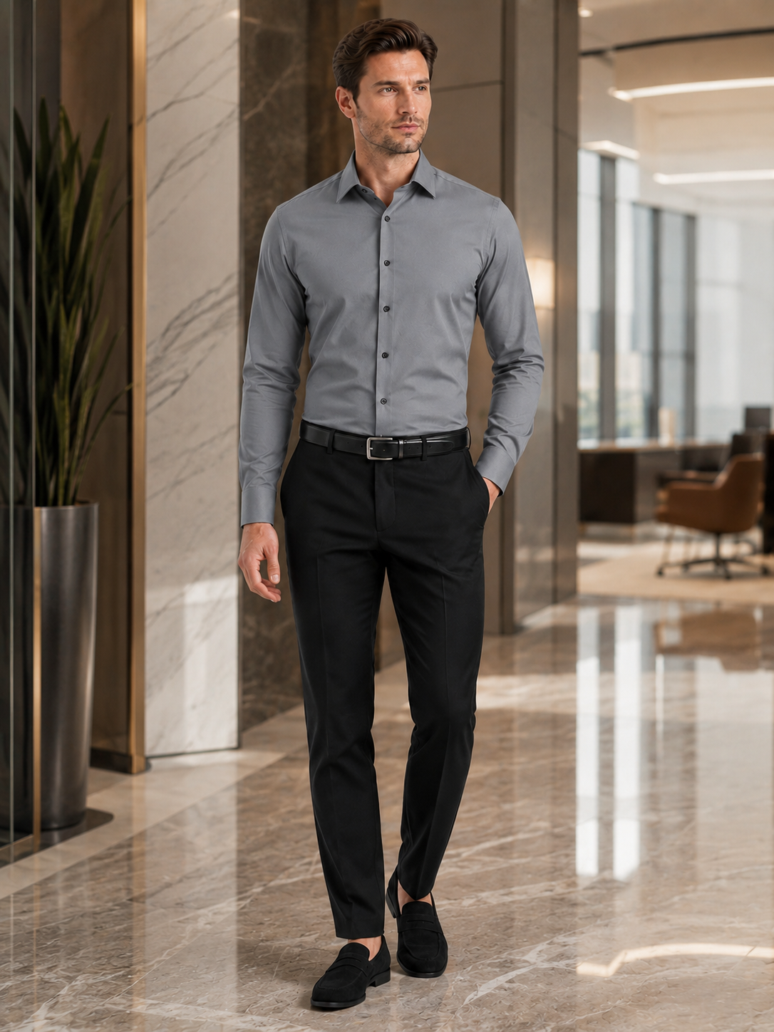 Man styling gray button down dress shirt in a refined business casual office outfit