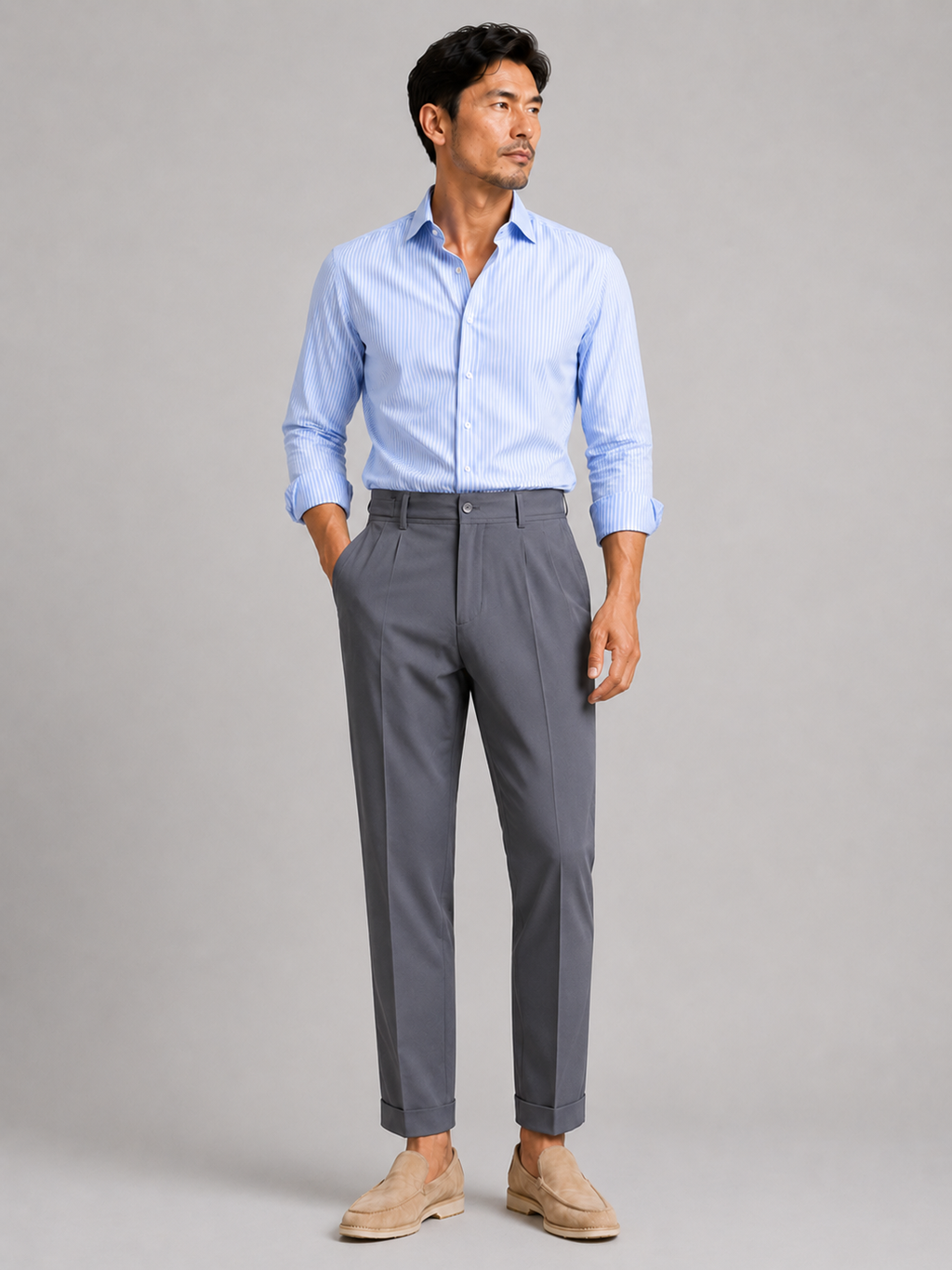 Men wearing gray summer pants straight leg stretch breathable lightweight business casual style