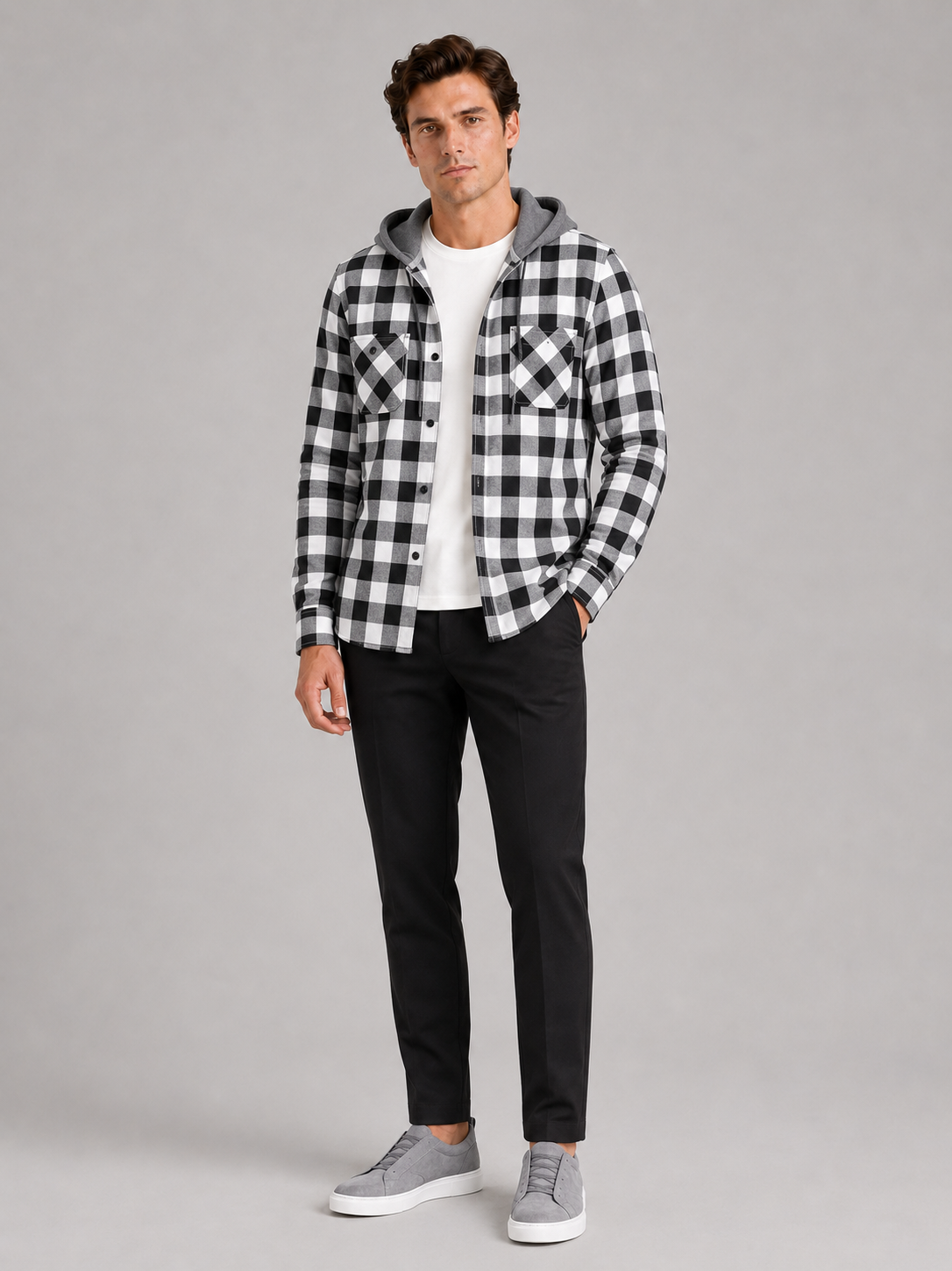 Gray plaid hooded flannel shirt jacket for men warm fall layer for outdoor wear