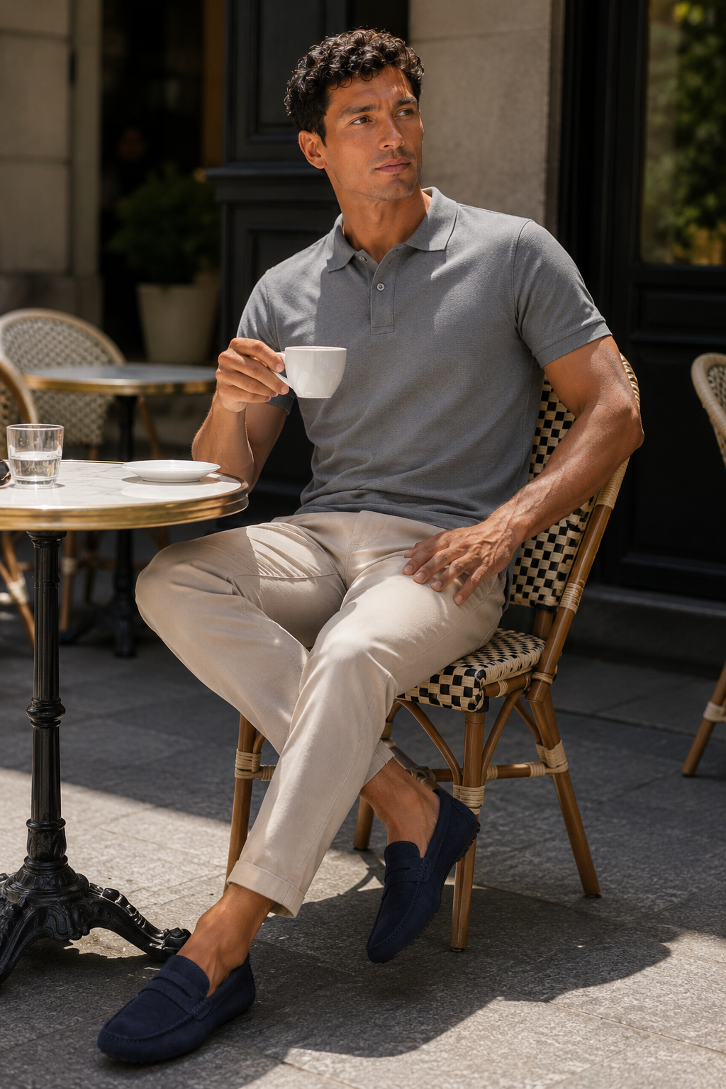 Man styling gray polo shirt in a relaxed summer lifestyle outfit for golf and casual wear