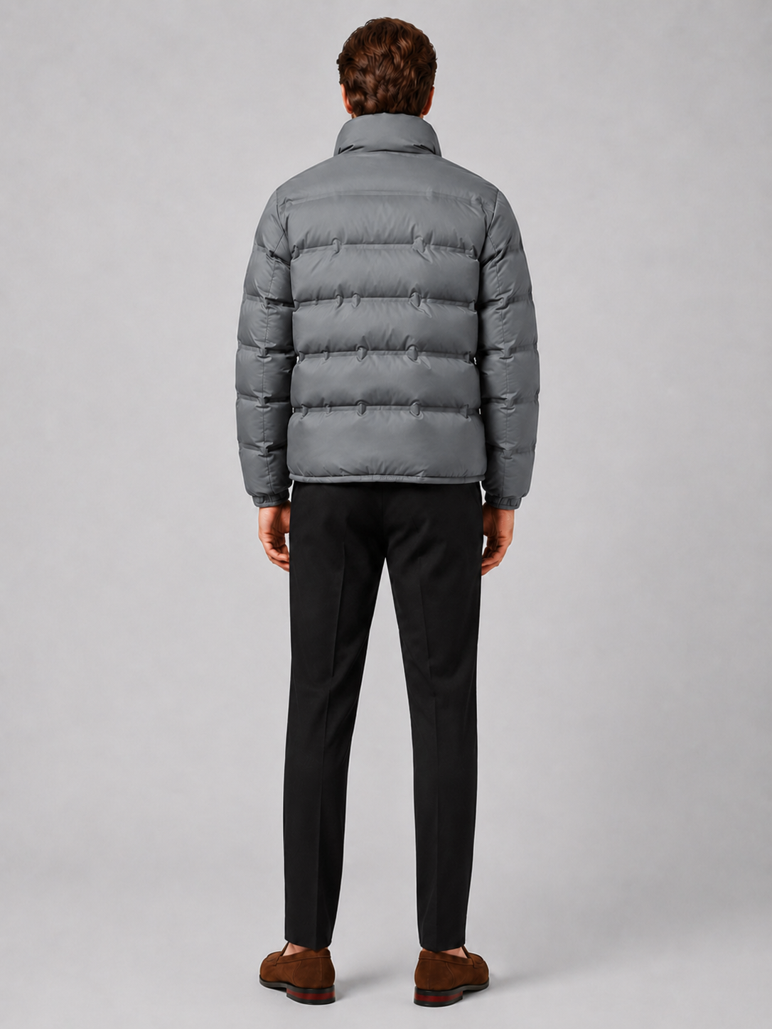 Men’s gray insulated down jacket comfortable cold weather outerwear for hiking, travel, and casual outfits