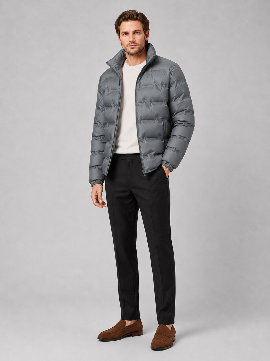 Gray white duck down puffer jacket for men thick warm winter coat for outdoor and everyday wear
