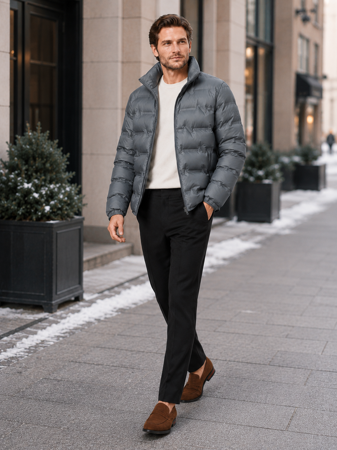 Man styling gray white duck down puffer jacket in a clean outdoor and everyday winter lifestyle outfit