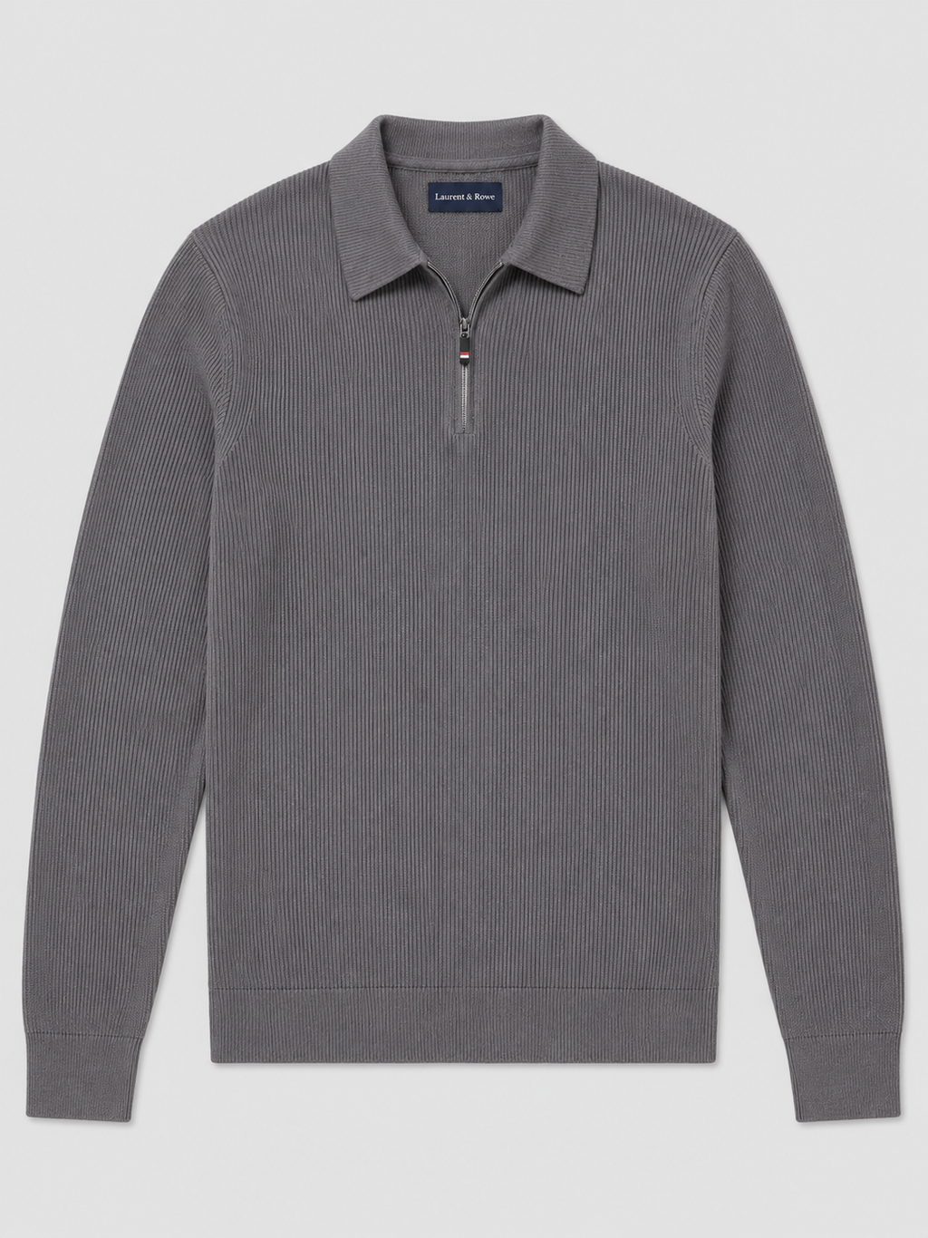 Gray men’s quarter zip long sleeve polo with a lapel collar displayed on a plain background