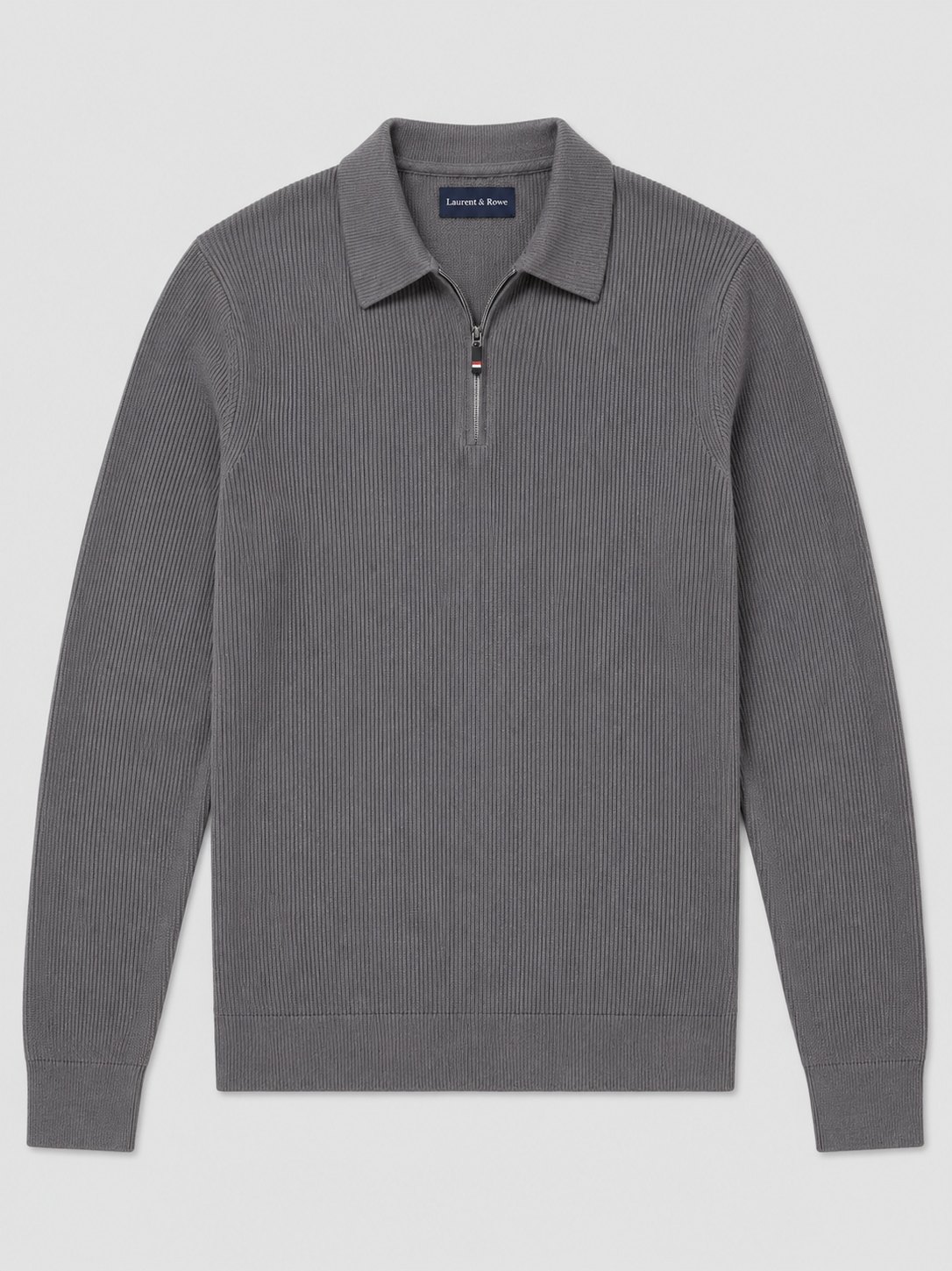Gray men’s quarter zip long sleeve polo with a lapel collar displayed on a plain background