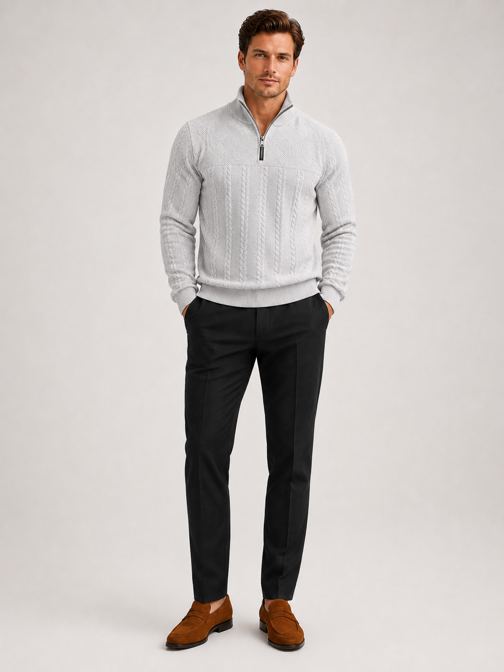 Gray jacquard quarter zip sweater for men warm long sleeve fall winter pullover for everyday wear