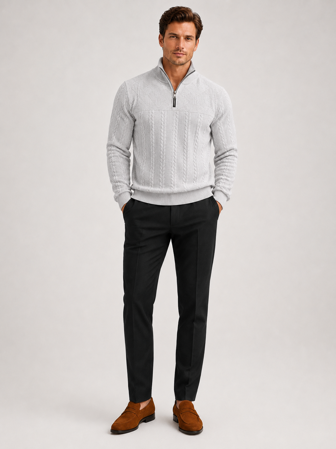 Gray jacquard quarter zip sweater for men warm long sleeve fall winter pullover for everyday wear