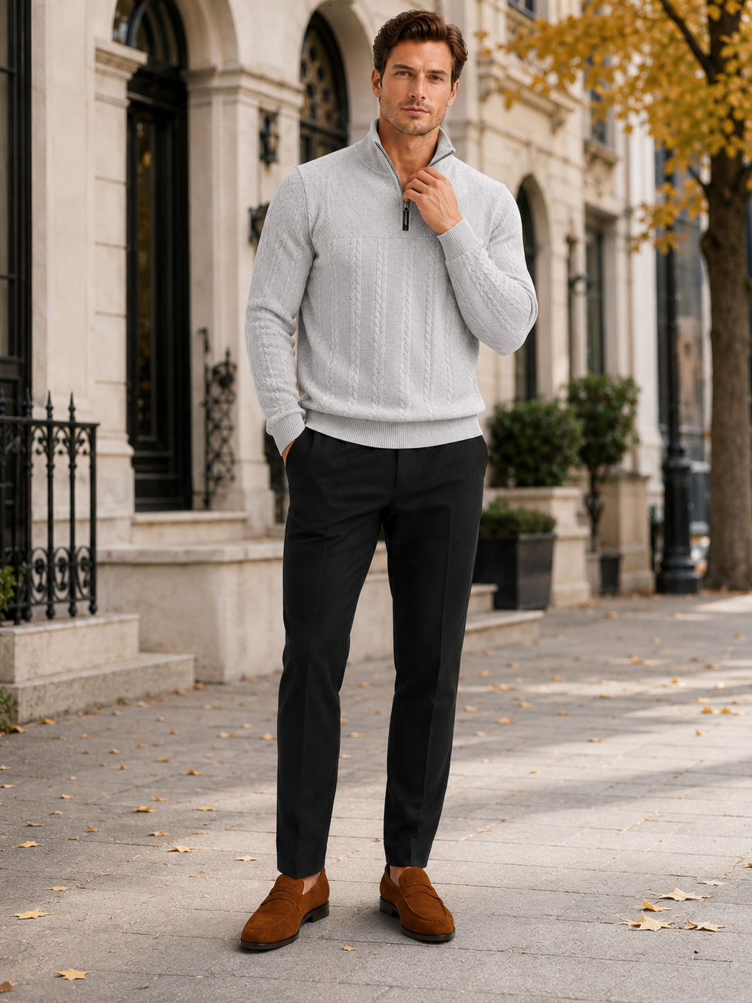 Man styling gray jacquard quarter zip sweater in a modern everyday winter lifestyle outfit