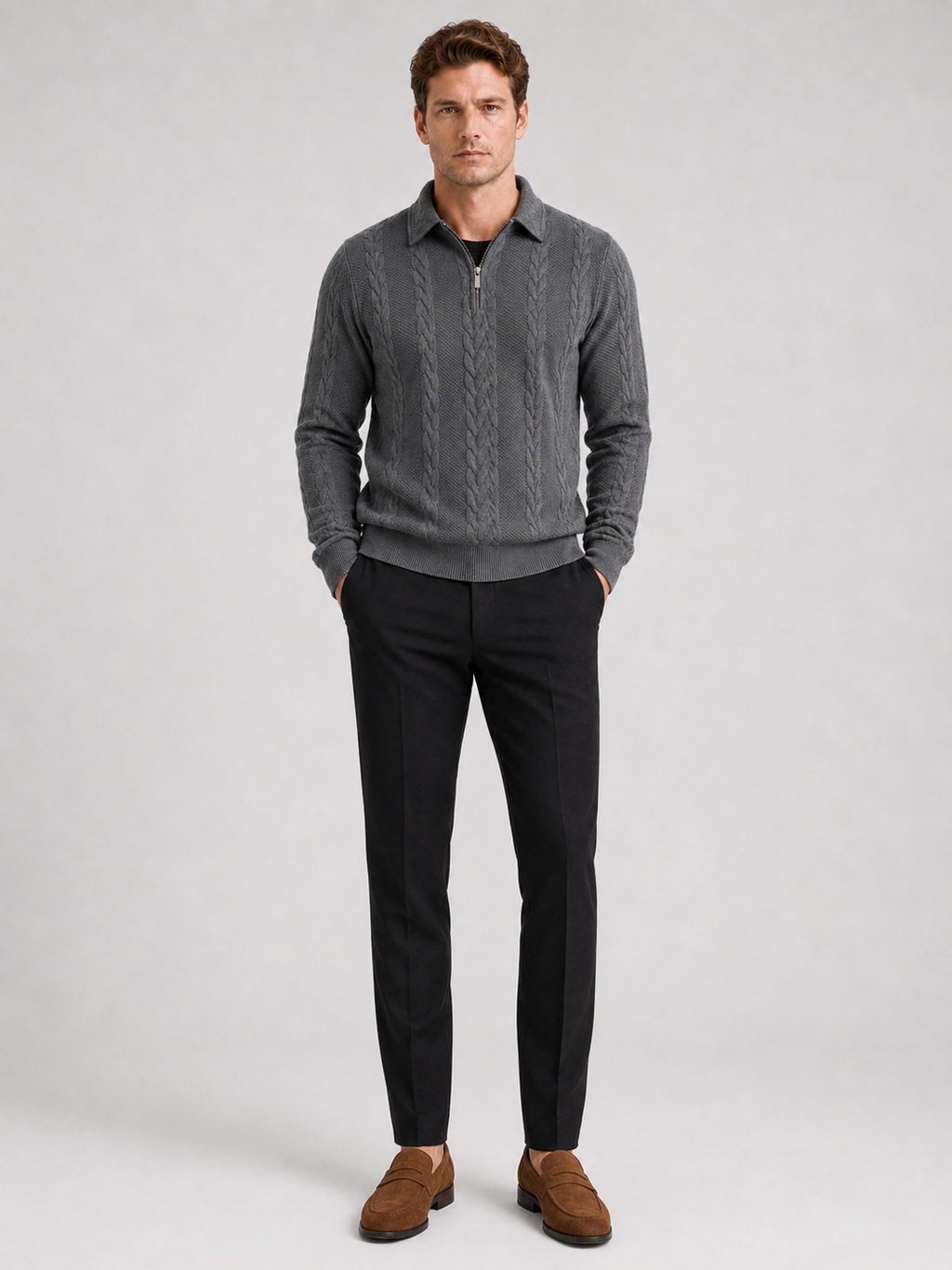 Gray quarter zip sweater for men long sleeve fall winter pullover for casual and everyday wear