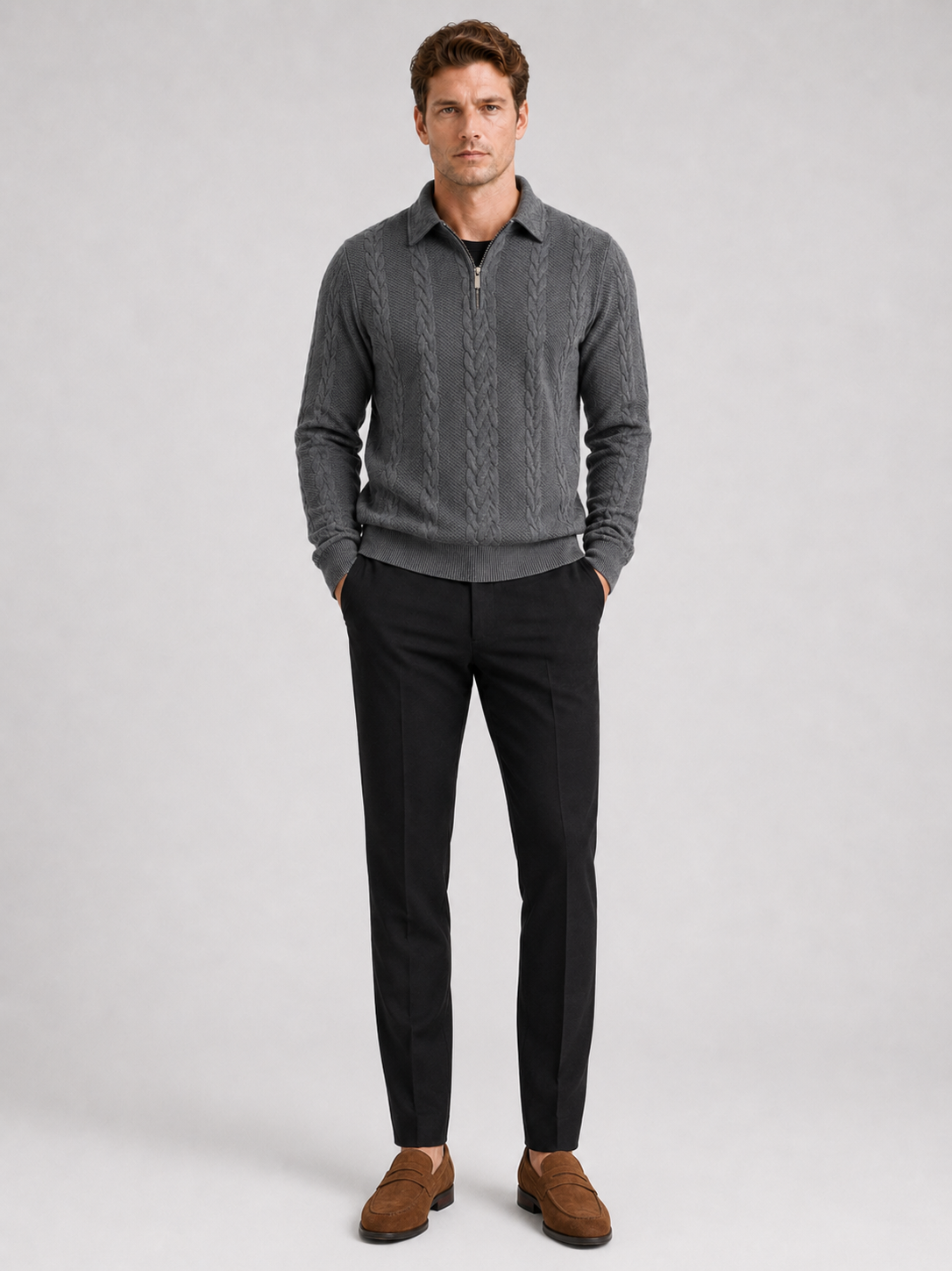 Gray quarter zip sweater for men long sleeve fall winter pullover for casual and everyday wear