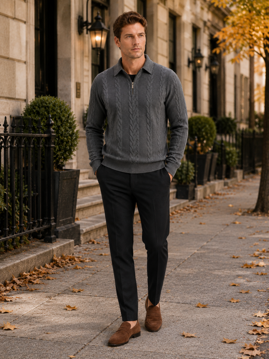 Man styling gray quarter zip sweater in a clean casual fall winter lifestyle outfit