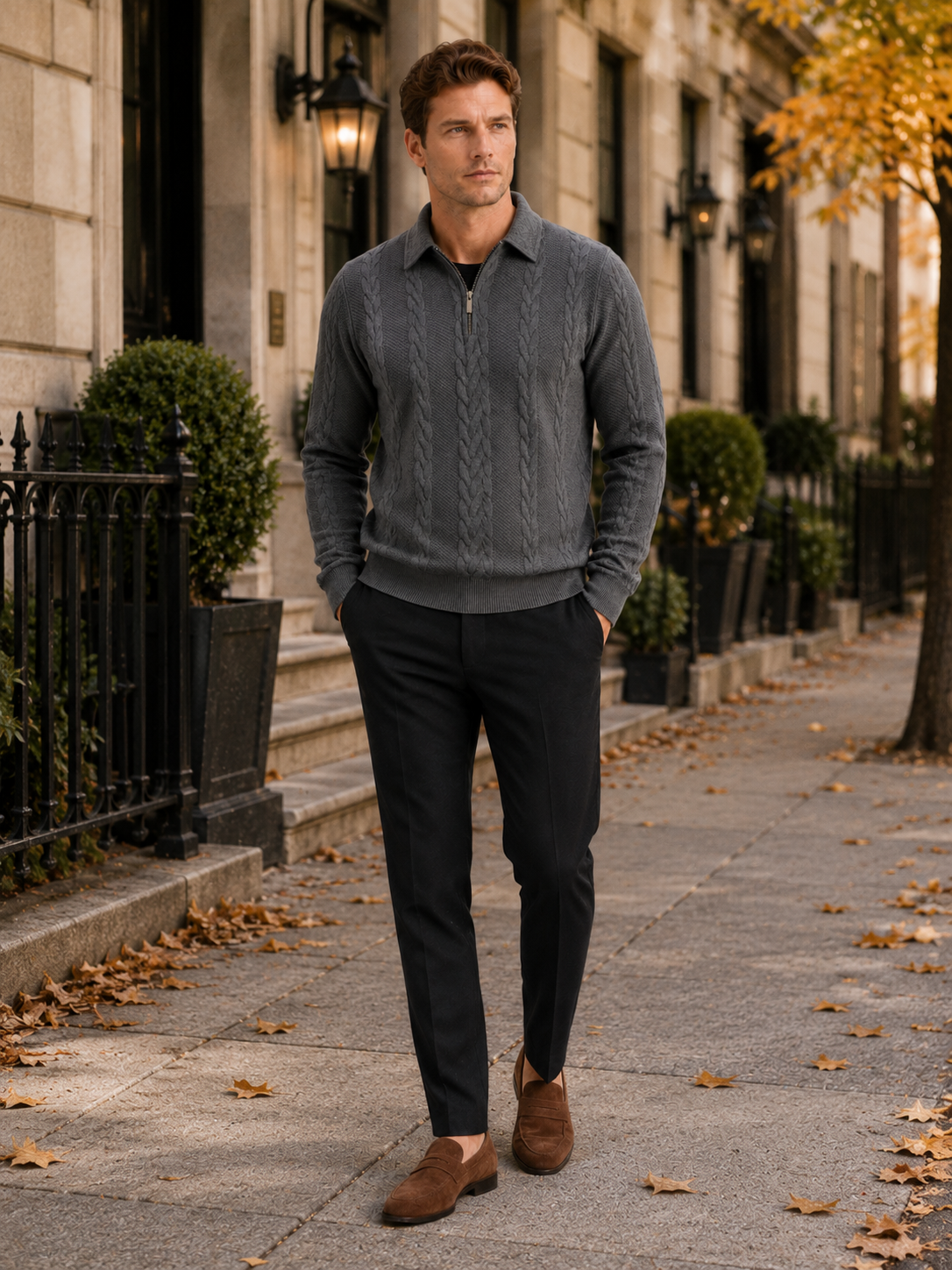Man styling gray quarter zip sweater in a clean casual fall winter lifestyle outfit