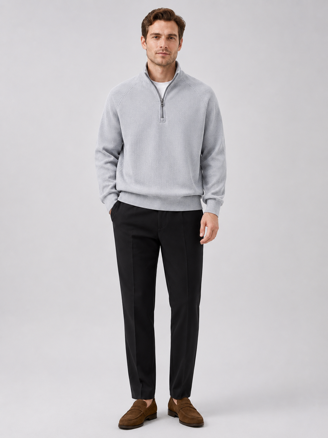 Gray quarter zip sweater for men loose fit fall pullover for everyday wear