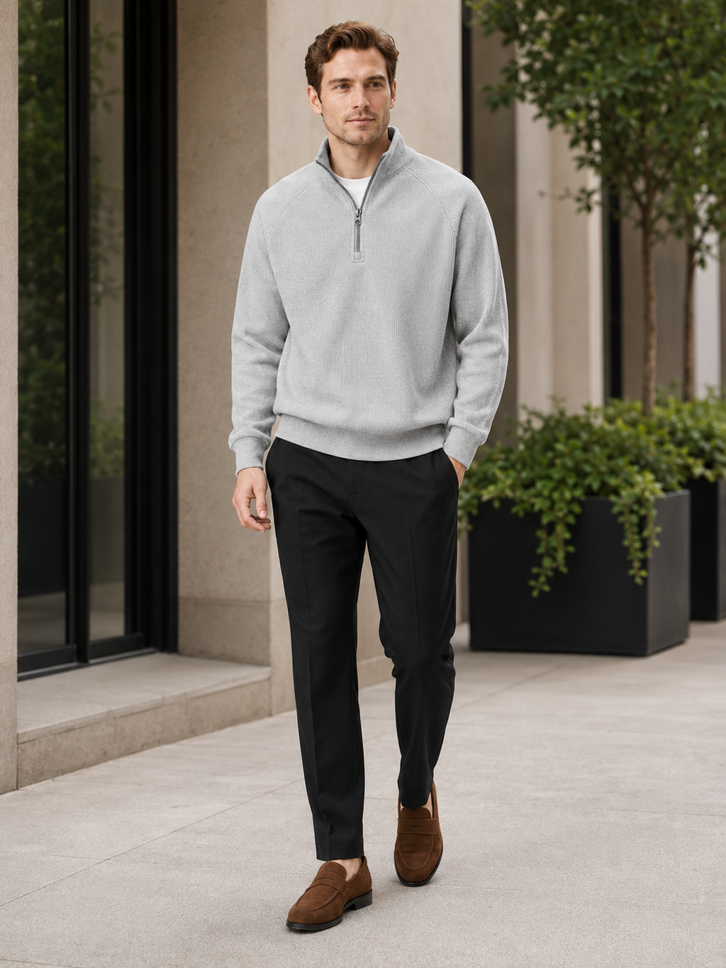 Man styling gray quarter zip sweater in a clean everyday fall lifestyle outfit