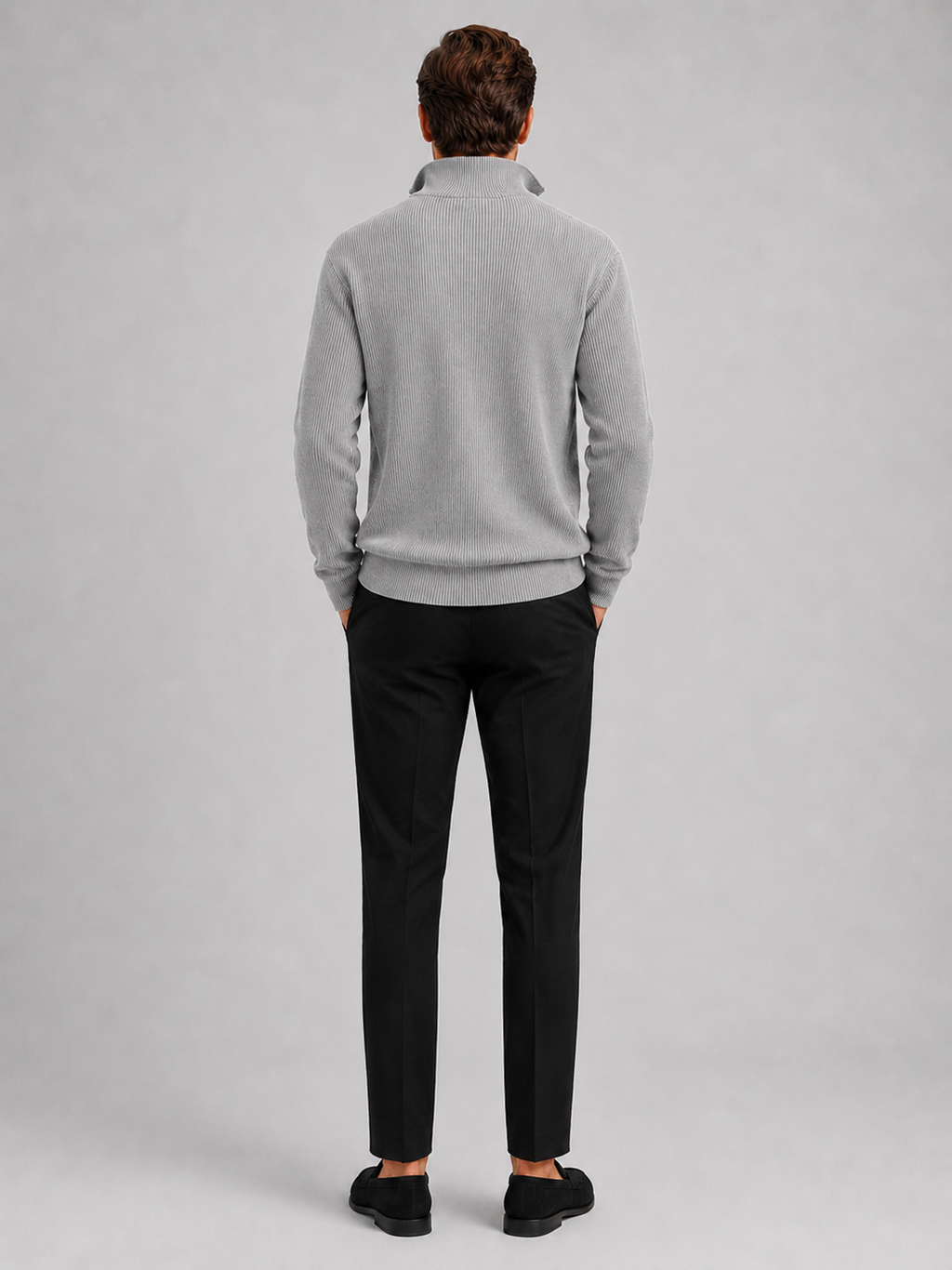 Men’s gray stand collar knit sweater comfortable fall winter layer for business casual outfits