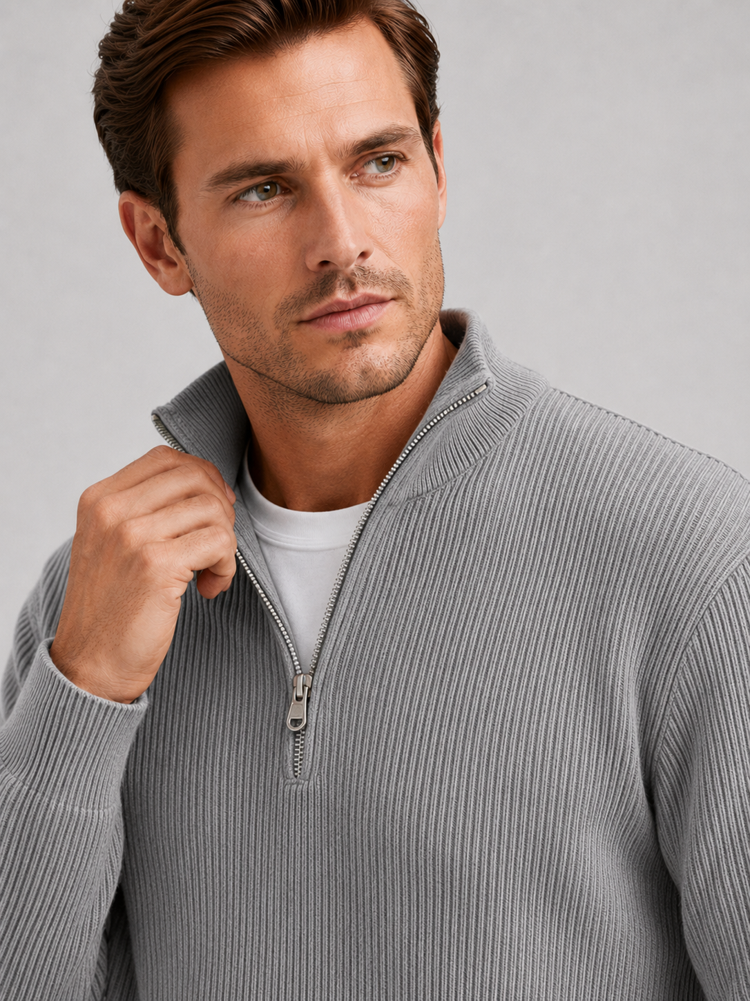 Close up of gray quarter zip sweater showing ribbed knit texture, stand collar, and zipper detail
